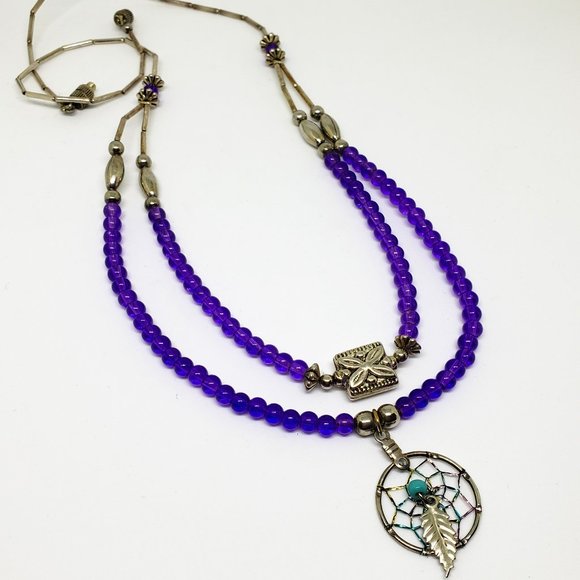 Sterling Silver Purple Bead Two Layer Dream Catcher Necklace Southwest Style - Picture 1 of 11